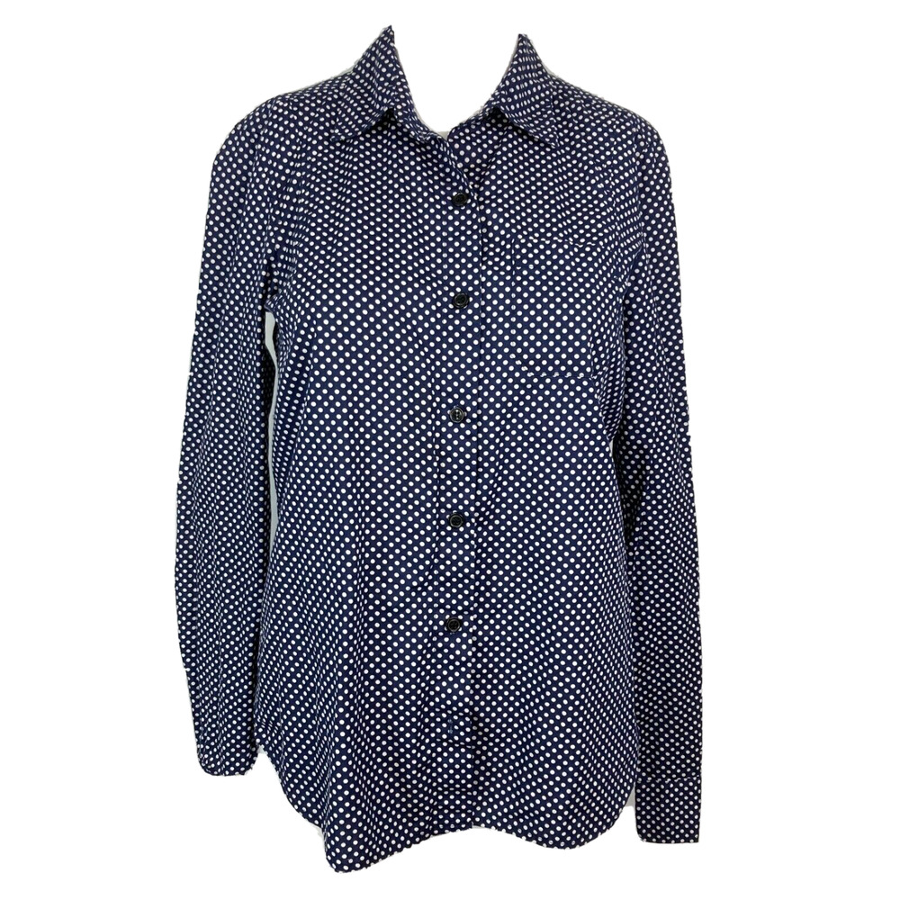 Q Mack Shirt Womens Sz S Navy Blue White Polka Dot Button Up Collared Cotton‎